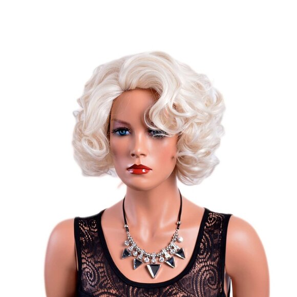 Short Blonde Curly Wig for Women - 80s Flip Style, Platinum Blonde, Synthetic - Picture 1 of 11